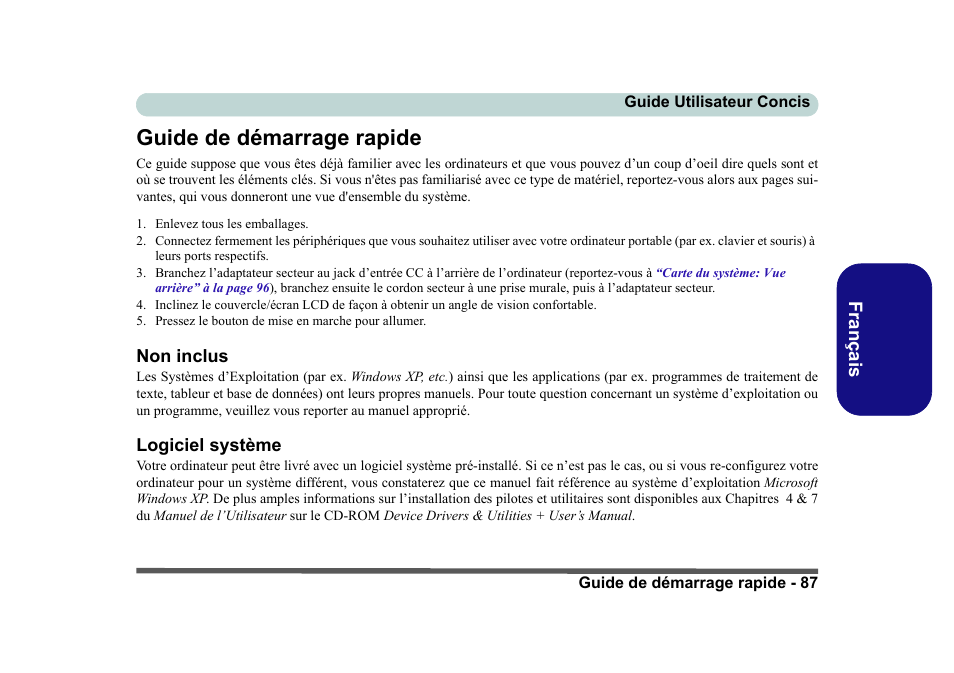 Guide de démarrage rapide, Non inclus, Logiciel système | Eurocom D40EV IMPRESSA User Manual | Page 93 / 206