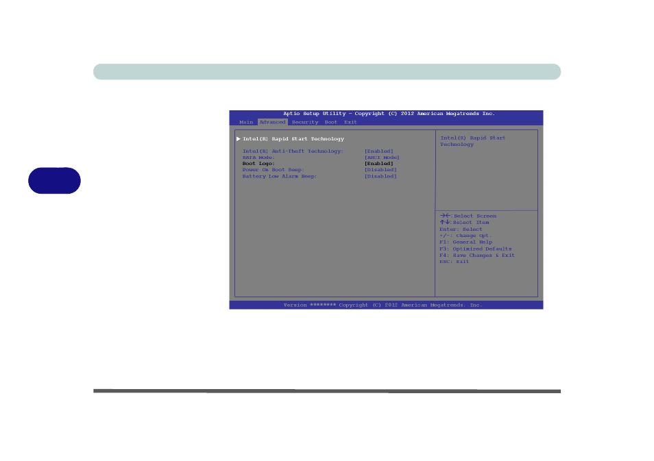 Advanced menu, Intel(r) rapid start technology (advanced menu) | Eurocom X3 User Manual | Page 145 / 321