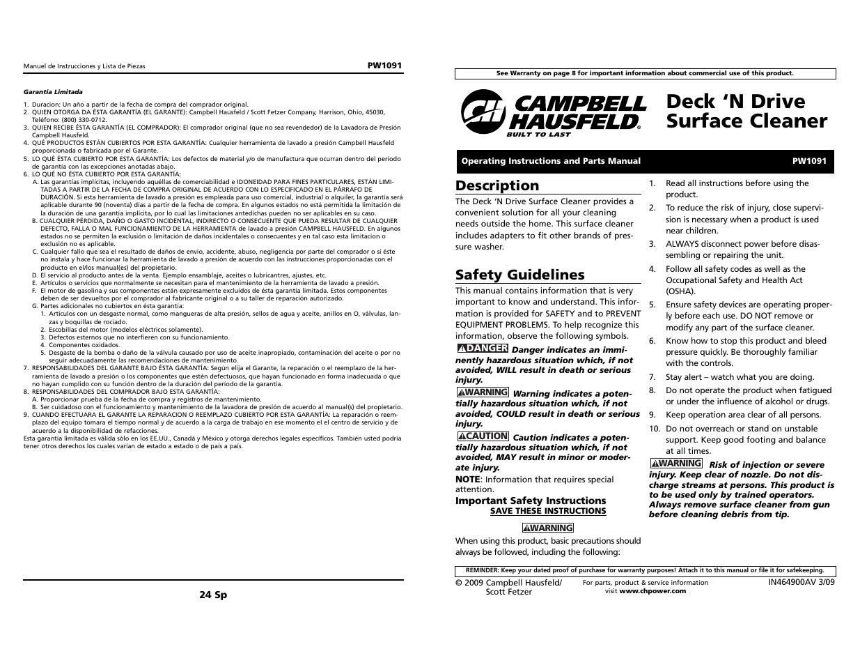 Campbell Hausfeld Deck `N Drive IN464900AV User Manual | 12 pages