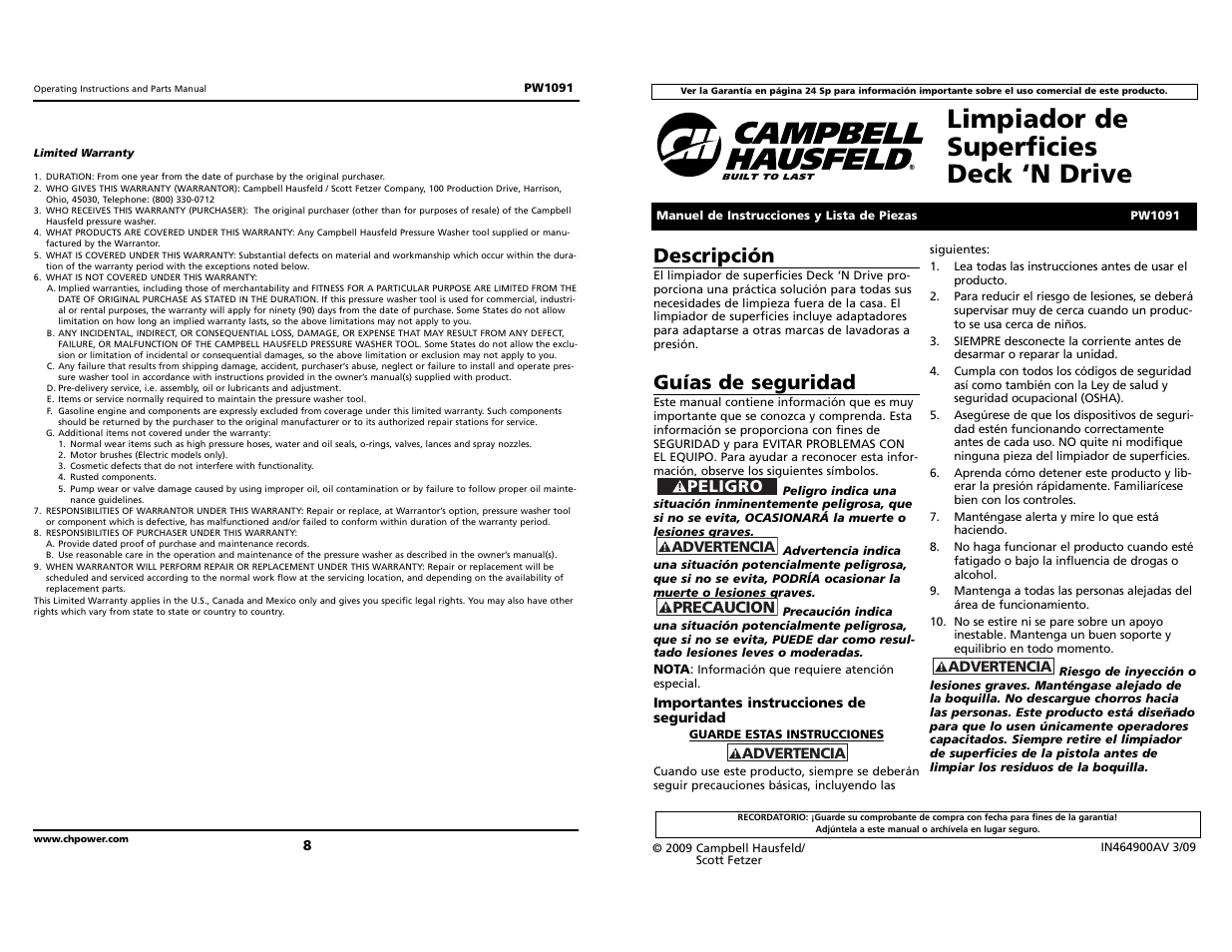 Limpiador de superficies deck ‘n drive, Descripción, Guías de seguridad | Peligro | Campbell Hausfeld Deck `N Drive IN464900AV User Manual | Page 8 / 12