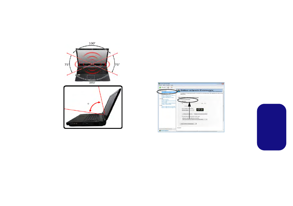 Es pa ñol, Ángulos de visión, Establecer configuración 3d estereoscópica | Eurocom Panther 5 User Manual | Page 132 / 185
