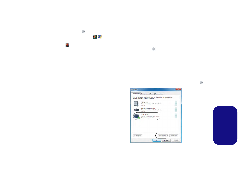 Funzionalità audio, Note relative all'audio (fn + 5), Configurazione audio per hdmi | D e l'audio avanzato (vedere, Italiano | Eurocom Panther 5 User Manual | Page 170 / 185