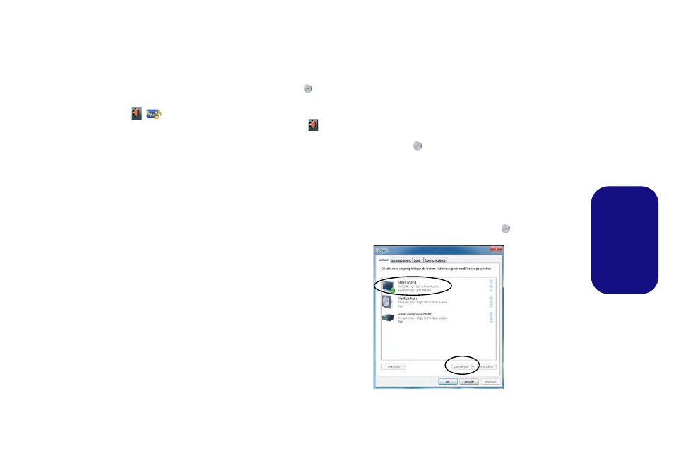 Caractéristiques audio, Notes pour le son (fn + 5), Configuration audio pour hdmi | Ichi (voir, Fr anç ais | Eurocom Panther 5 User Manual | Page 98 / 185