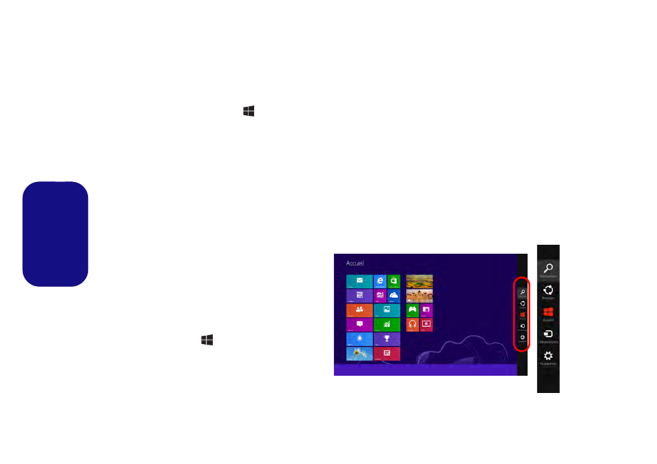 Barre des tâches du bureau de windows, Applications et vignettes, Barre des charmes de windows | Eurocom Scorpius 3 User Manual | Page 105 / 205