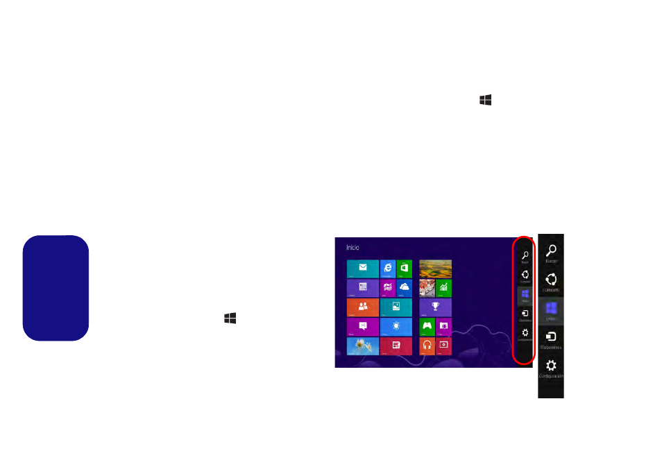 Barra de tareas del escritorio de windows, Apps y mosaicos, Barra charms de windows | Eurocom Scorpius 3 User Manual | Page 145 / 205