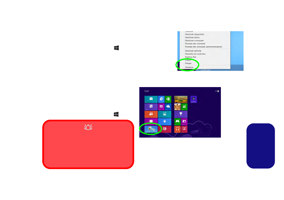Pannello di controllo e desktop di windows, Schermata start e desktop di windows, Italiano | Eurocom Scorpius 3 User Manual | Page 184 / 205