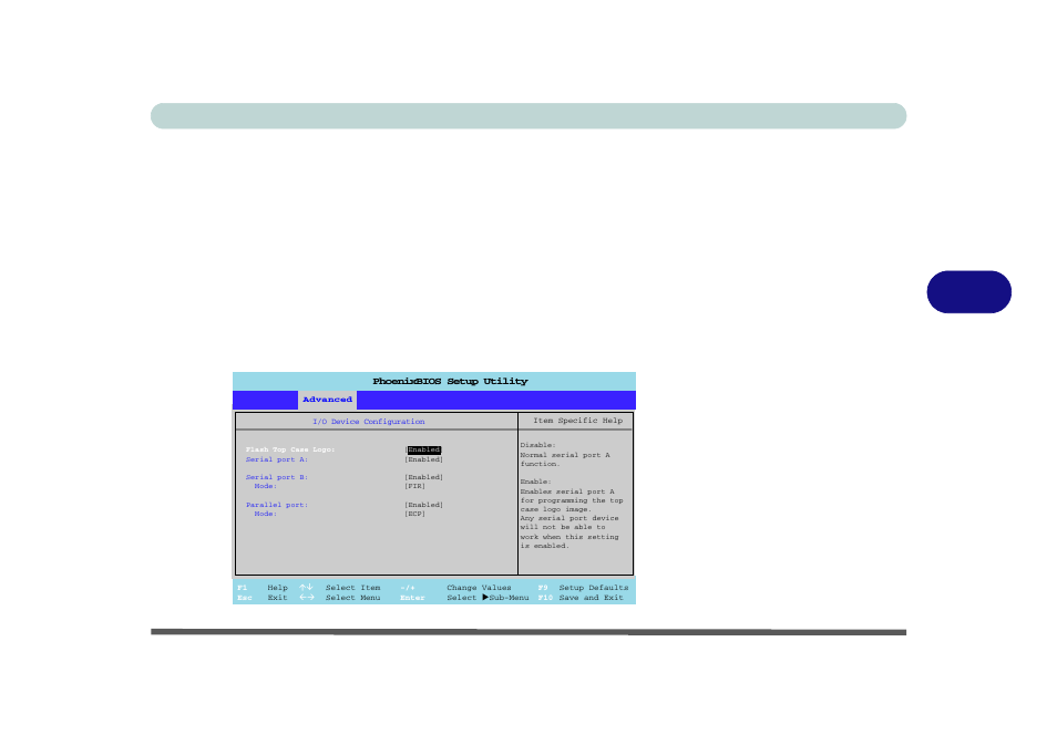 I/o device configuration, I/o device configuration -9, Bios utilities advanced menu 5 - 9 | Flash top case logo > i/o device configuration, Figure 5 - 4, Advanced menu - i/o device configuration | Eurocom D700T Enigma User Manual | Page 89 / 176
