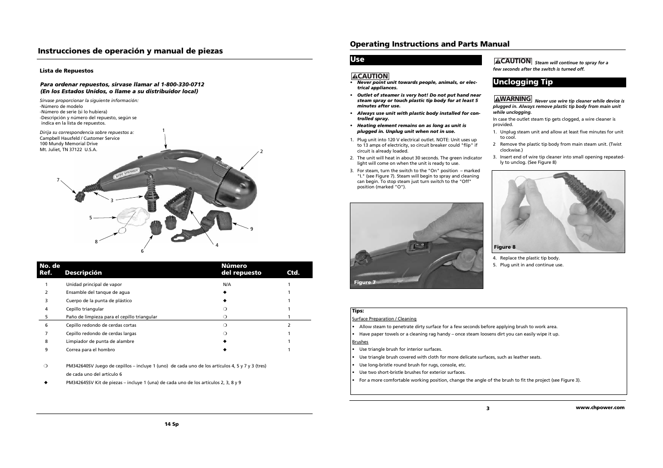 Instrucciones de operación y manual de piezas, Operating instructions and parts manual, Unclogging tip | Campbell Hausfeld PW1095 User Manual | Page 3 / 8