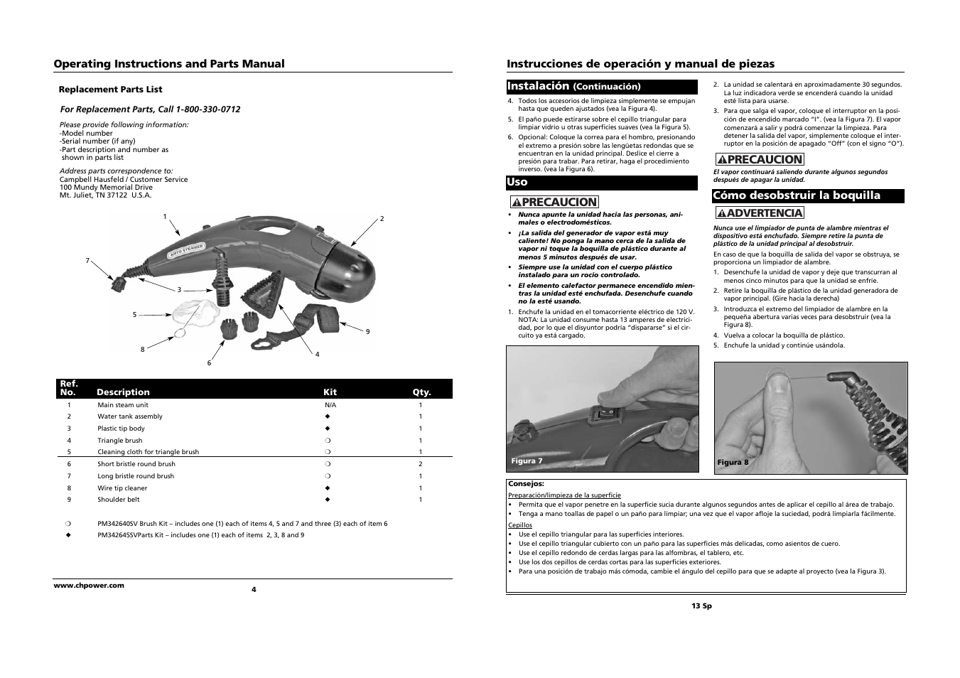 Instrucciones de operación y manual de piezas, Precaucion, Operating instructions and parts manual | Instalación, Uso cómo desobstruir la boquilla, Advertencia | Campbell Hausfeld PW1095 User Manual | Page 4 / 8