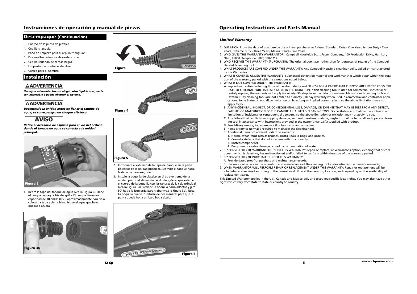 Aviso, Instrucciones de operación y manual de piezas, Instalación desempaque | Operating instructions and parts manual | Campbell Hausfeld PW1095 User Manual | Page 5 / 8