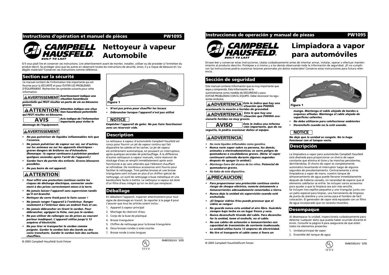 Limpiadora a vapor para automóviles, Nettoyeur à vapeur automobile, Aviso | Attention, Avis, Precaucion, Desempaque, Description, Déballage, Descripción | Campbell Hausfeld PW1095 User Manual | Page 6 / 8