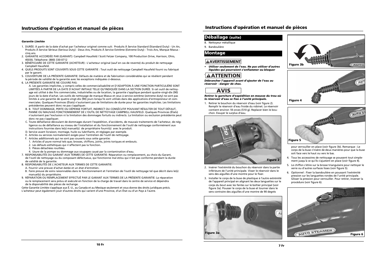 Avis, Attention, Instructions d’opération et manuel de pièces | Montage déballage | Campbell Hausfeld PW1095 User Manual | Page 7 / 8