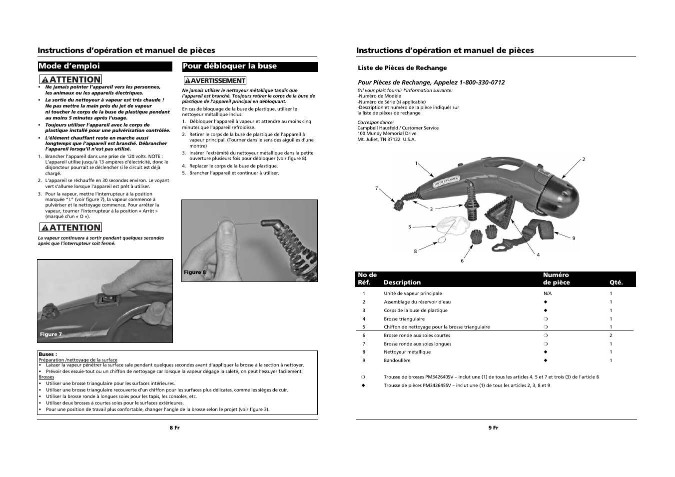 Attention, Instructions d’opération et manuel de pièces, Mode d’emploi pour débloquer la buse | Campbell Hausfeld PW1095 User Manual | Page 8 / 8