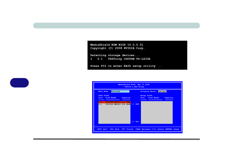 Modules 7 - 6 raid setup, Figure 7 - 2, Figure 7 - 3 | Mediashield rom bios startup, Mediashield bios define a new array | Eurocom M980NU XCaliber User Manual | Page 124 / 214