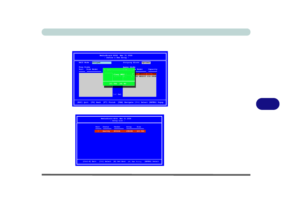 Modules raid setup 7 - 9, Figure 7 - 6, Figure 7 - 7 | Mediashield bios clear mbr, Mediashield bios array list | Eurocom M980NU XCaliber User Manual | Page 127 / 214