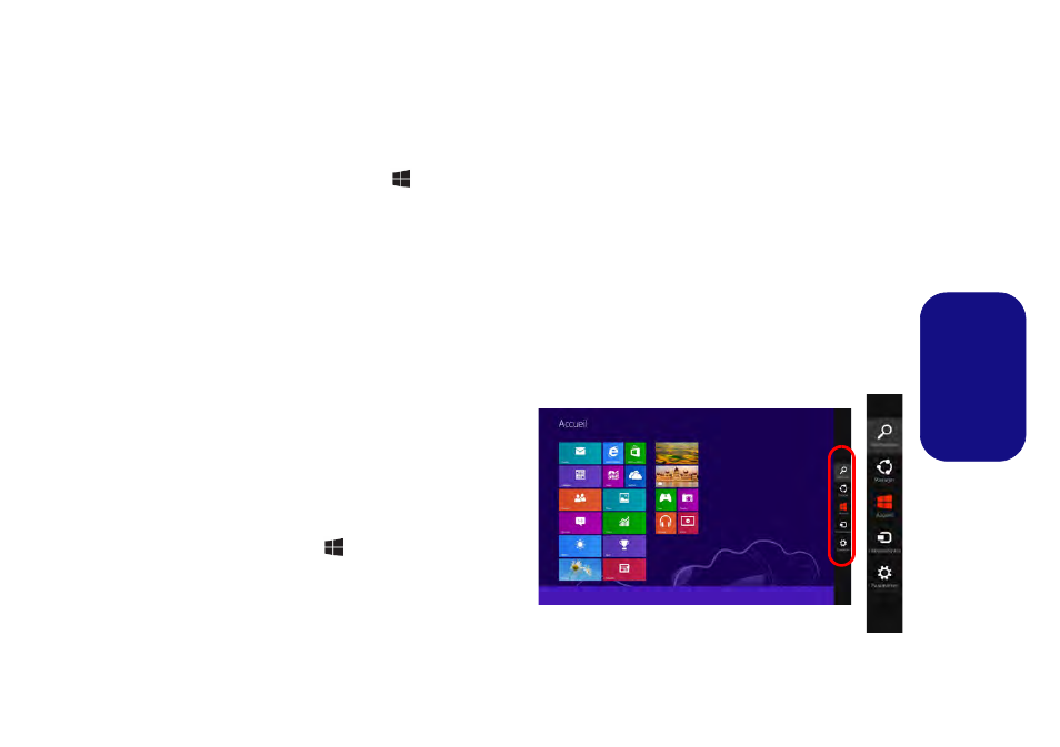 Barre des tâches du bureau de windows 8, Applications et vignettes, Barre des charmes de windows | Eurocom Racer 3W User Manual | Page 103 / 196