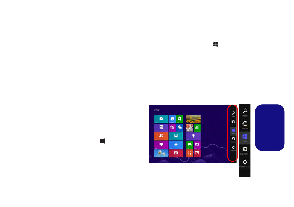 Barra de tareas del escritorio de windows 8, Apps y mosaicos, Barra charms de windows 8 | Eurocom Racer 3W User Manual | Page 141 / 196