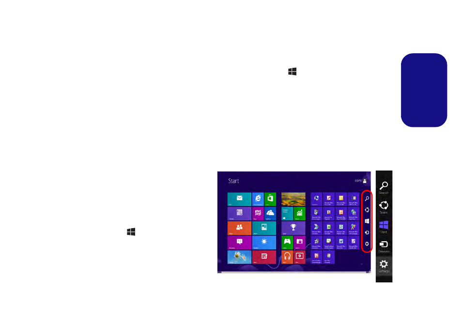 Windows 8 desktop taskbar, Apps & tiles, Windows 8 charms bar | Eurocom Racer 3W User Manual | Page 27 / 196