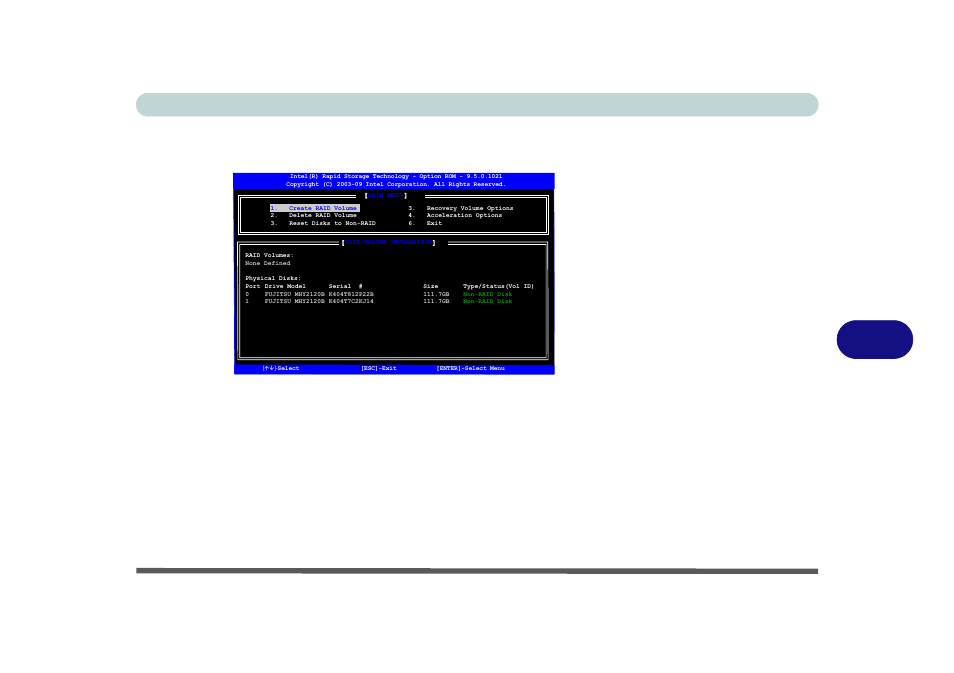 Raid setup (intel matrix), Raid setup (intel matrix) -63, Figure 7 - 52 | Intel(r) matrix storage manager option rom | Eurocom W870CU Cheetah User Manual | Page 171 / 290