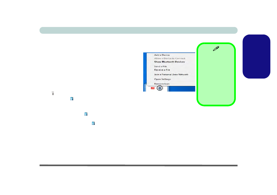 Bluetooth configuration, To turn the bluetooth module on, Engl ish | Eurocom X7200 Panther 2.0 User Manual | Page 32 / 155