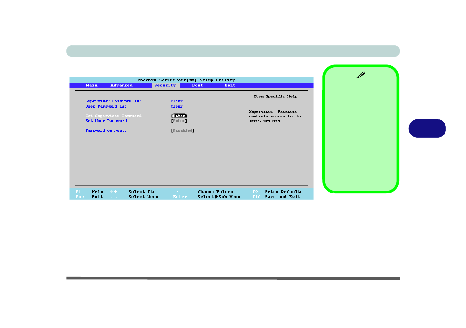Security menu, Set supervisor password (security menu) | Eurocom A9100 Uno 2.0 User Manual | Page 75 / 154