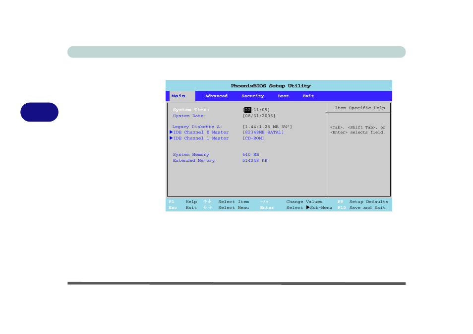 Main menu, System time & date (main menu), Main menu -6 | System time & date (main menu) -6, Bios utilities 4 - 6 main menu, Figure 4 - 2 | Eurocom L29xN All-in-One LCD PC User Manual | Page 74 / 110