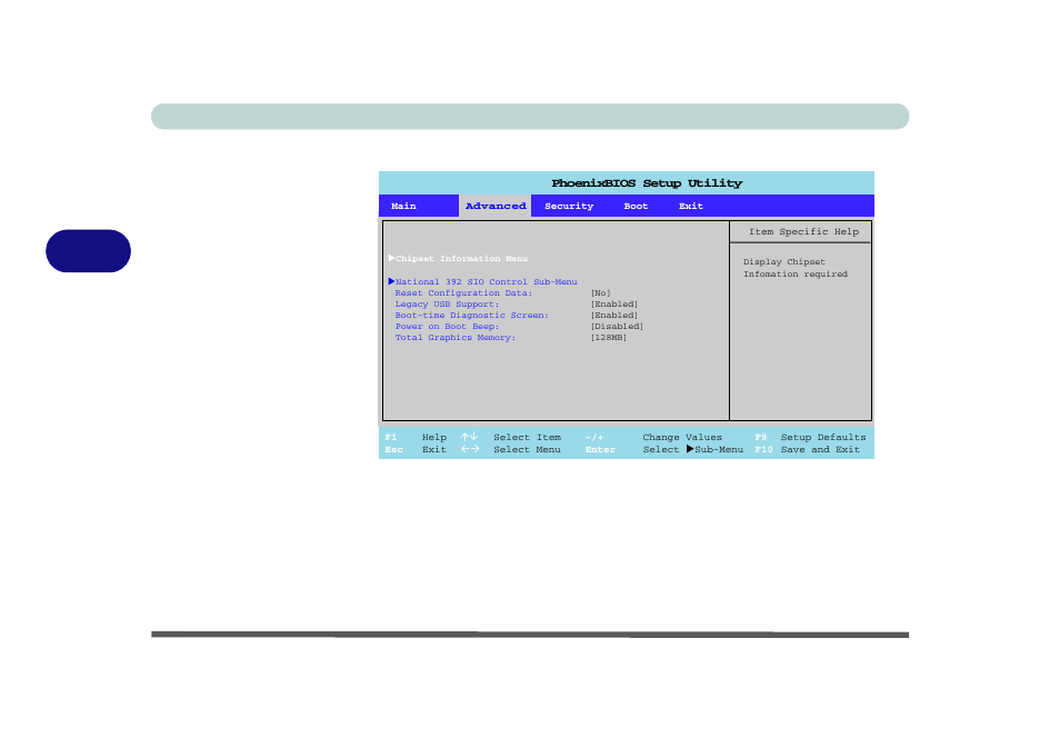 Advanced menu, Chipset information menu (advanced menu), National 392 sio control sub-menu | Bios utilities 4 - 8 advanced menu, Figure 4 - 3 | Eurocom L29xN All-in-One LCD PC User Manual | Page 76 / 110