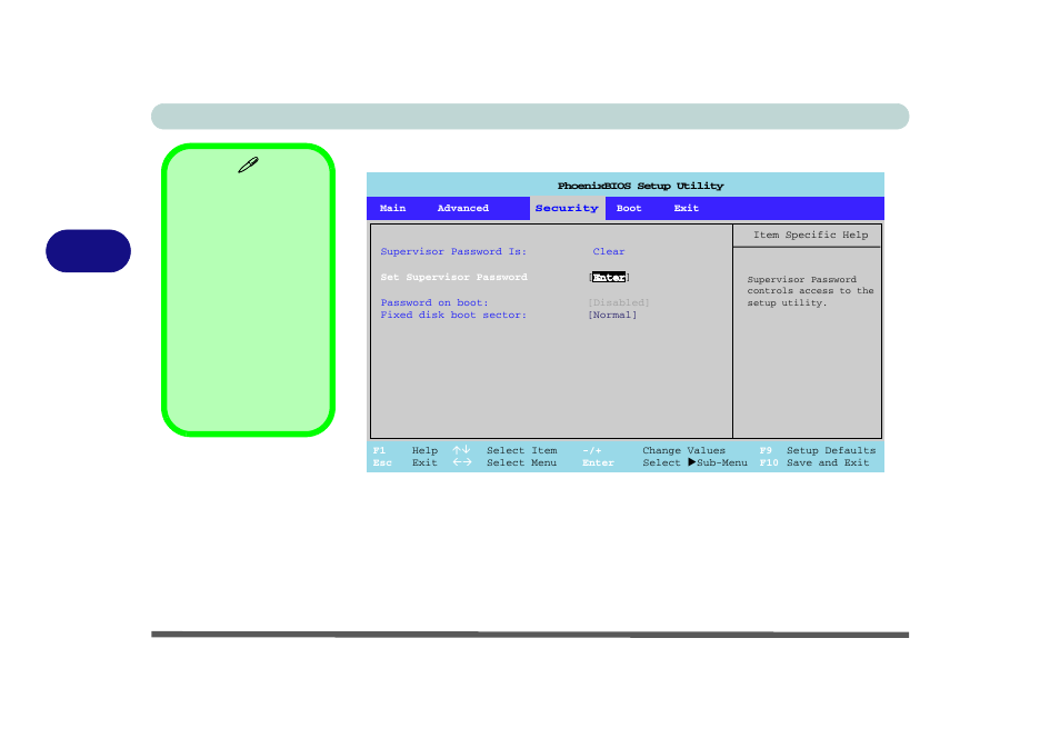 Security menu, Set supervisor password (security menu), Bios utilities 4 - 10 security menu | Figure 4 - 4 | Eurocom L29xN All-in-One LCD PC User Manual | Page 78 / 110