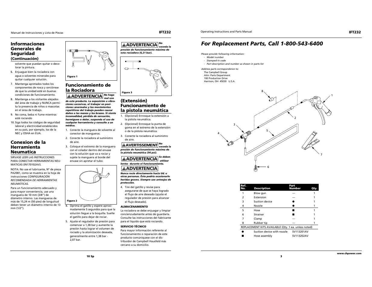 Funcionamiento de la rociadora, Advertencia, Extensión) funcionamiento de la pistola neumática | Advertencia informaciones generales de seguridad, Conexion de la herramienta neumatica | Campbell Hausfeld IFT232 User Manual | Page 3 / 6