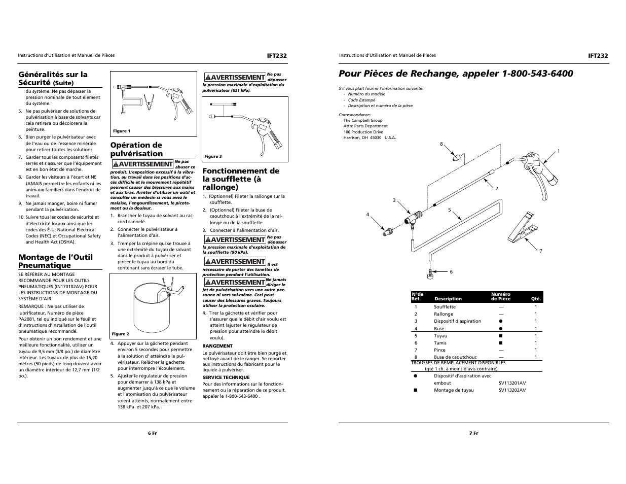 Opération de pulvérisation, Fonctionnement de la soufflette (à rallonge), Généralités sur la sécurité | Montage de l’outil pneumatique | Campbell Hausfeld IFT232 User Manual | Page 6 / 6