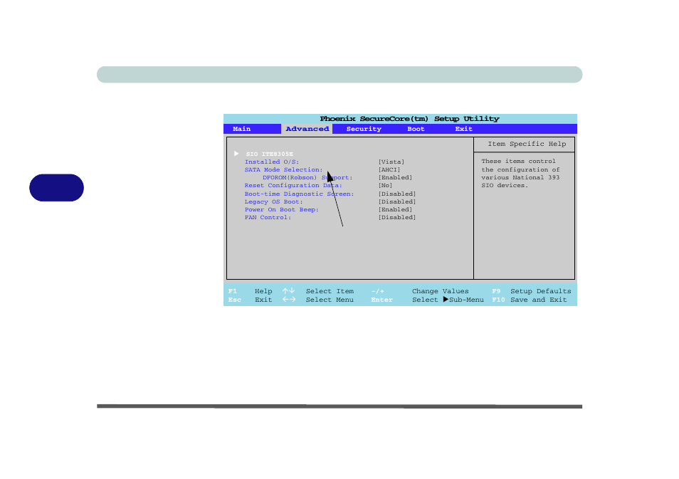 Advanced menu, Sio ite8305e (advanced menu), Advanced menu -8 sio ite8305e (advanced menu) -8 | Is selected as the o/s, Bios utilities 5 - 8 advanced menu, Figure 5 - 2, Only available if windows vista | Eurocom L390T Uno User Manual | Page 68 / 192