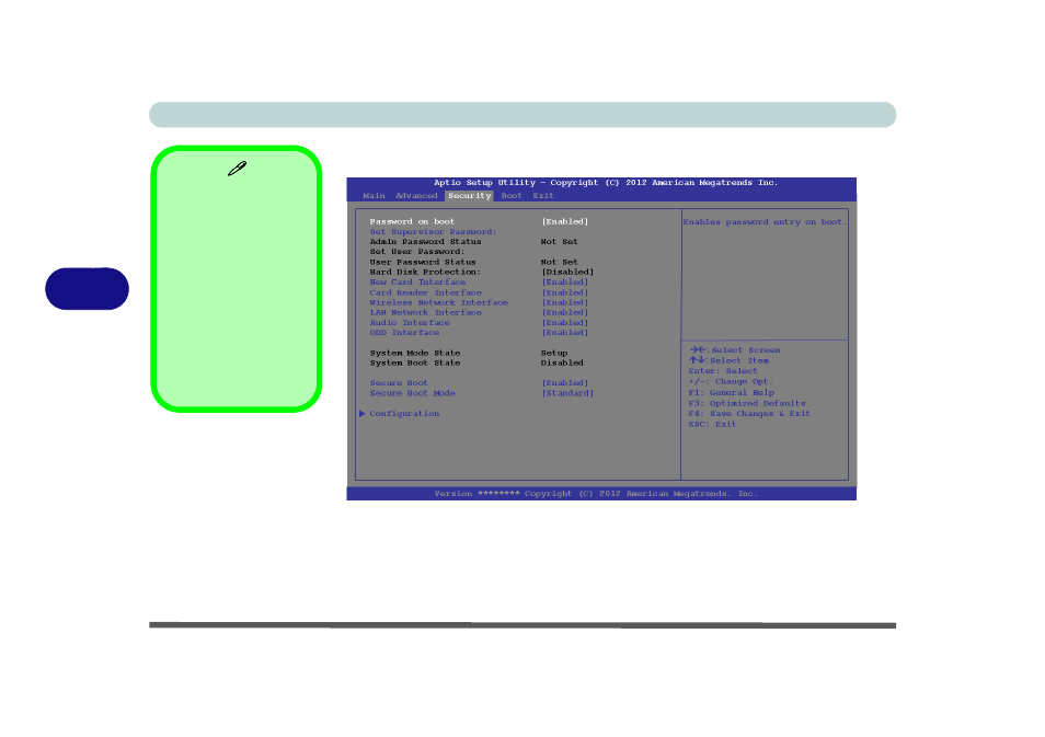 Security menu, Password on boot (security menu) | Eurocom Uno 3 User Manual | Page 94 / 212