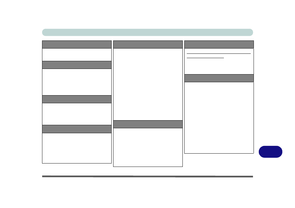 Bios, Storage, Audio | Keyboard, pointing device & buttons, Interface, Card reader, Slots, Communication, Ased (see, Follow | Eurocom B7110 FOX User Manual | Page 197 / 198