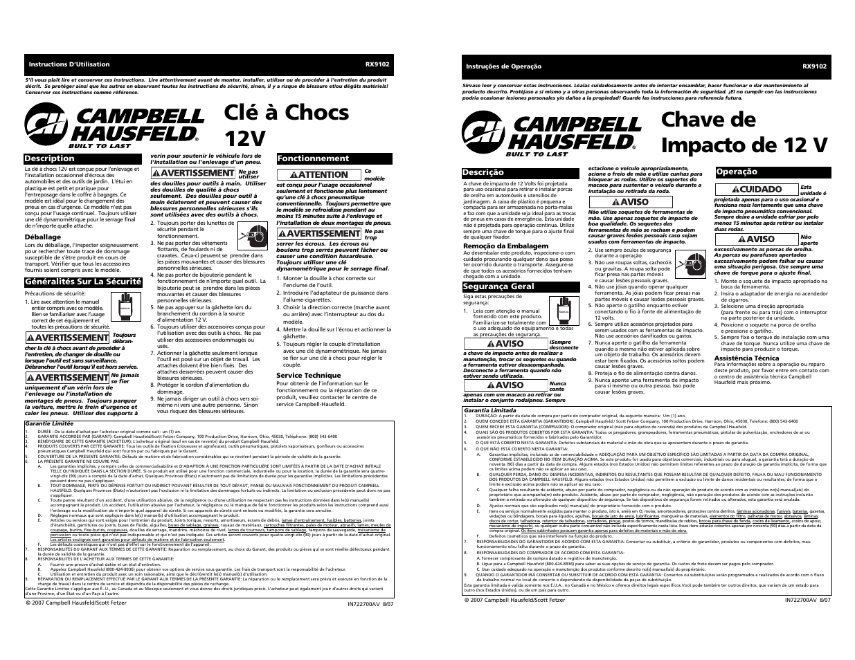 Clй а chocs 12v, Chave de impacto de 12 v, Descrição segurança geral operação | Campbell Hausfeld RX9102 User Manual | Page 2 / 2