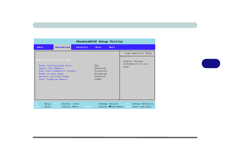 Advanced menu, Chipset information menu: (advanced menu), Bios utilities advanced menu 5 - 7 | Figure 5 - 3 | Eurocom M660N MILANO User Manual | Page 87 / 200