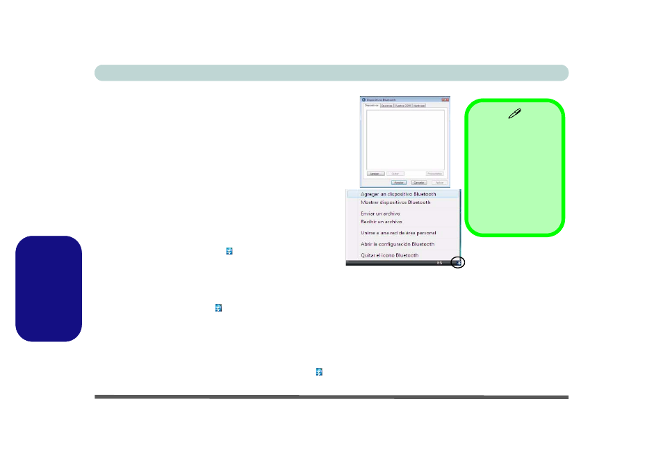 Configuración de bluetooth en windows vista, Para encender el módulo bluetooth, Para agregar un dispositivo bluetooth | Español | Eurocom M660SRU Milano-X User Manual | Page 174 / 226