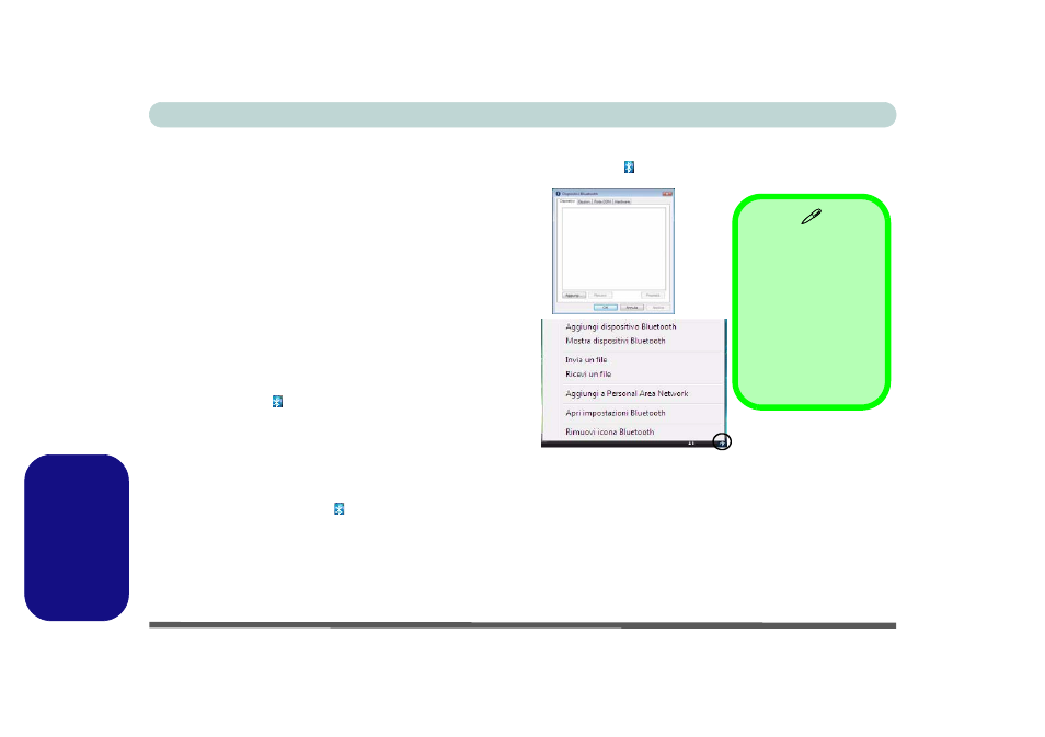Configurazione bluetooth in windows vista, Per accendere il modulo bluetooth, Per aggiungere un dispositivo bluetooth | Vedere, Italiano | Eurocom M660SRU Milano-X User Manual | Page 218 / 226