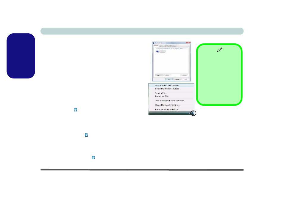 Bluetooth configuration in windows vista, To turn the bluetooth module on, To add a bluetooth device | Ed (see, English | Eurocom M660SRU Milano-X User Manual | Page 42 / 226