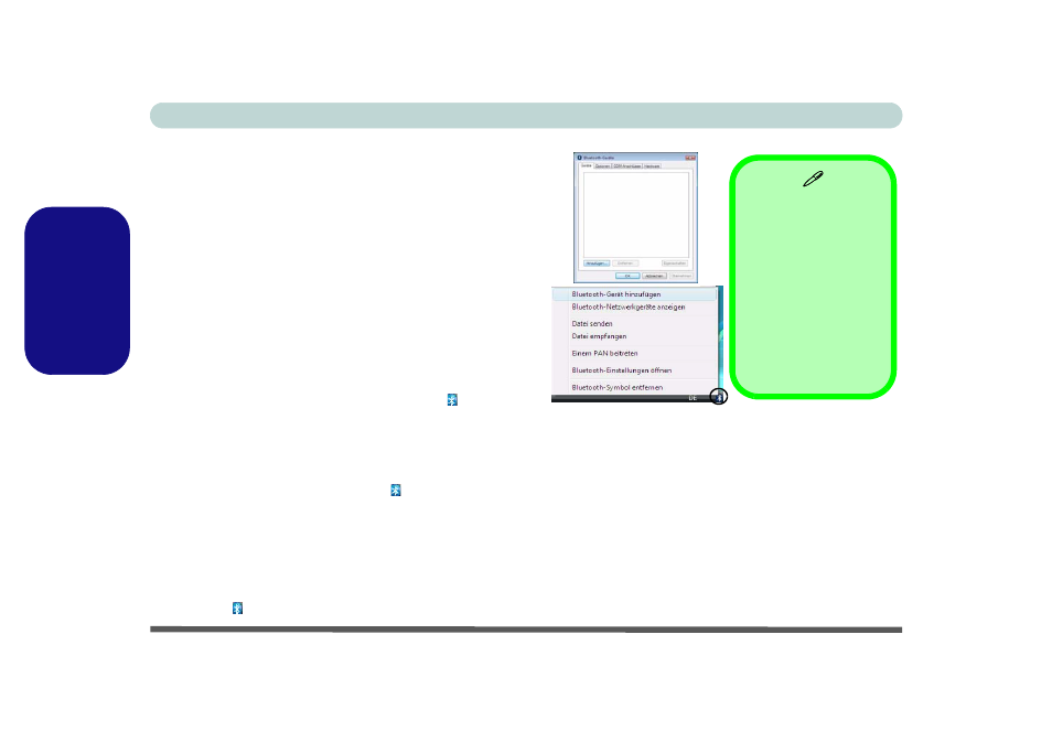 Bluetooth-konfiguration in windows vista, Einschalten des bluetooth-moduls, Hinzufügen eines bluetooth-geräts | Siehe, Seite 80, Deutsch | Eurocom M660SRU Milano-X User Manual | Page 86 / 226