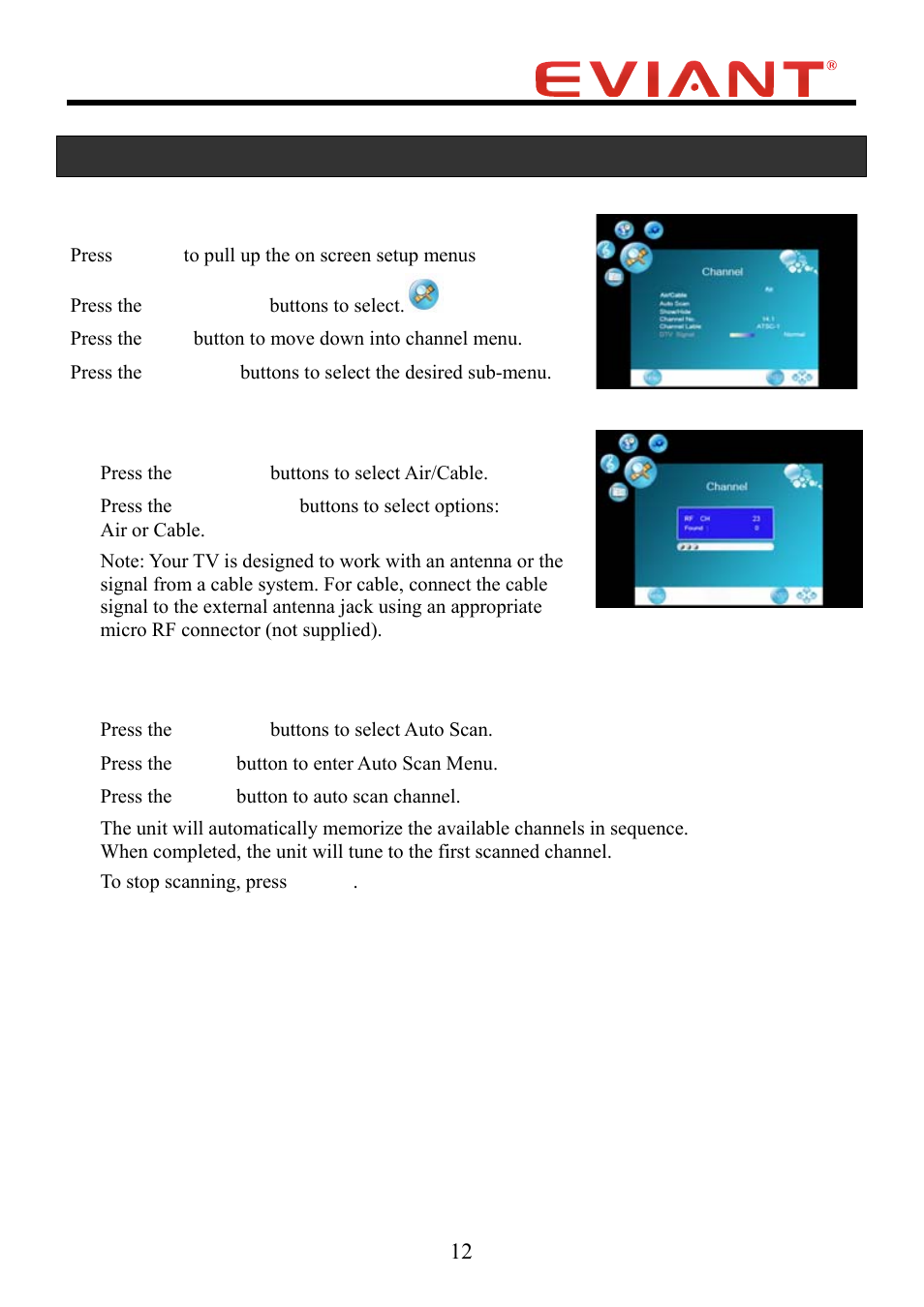 Channel setup, Channel menu | Eviant T4 Series User Manual | Page 13 / 16