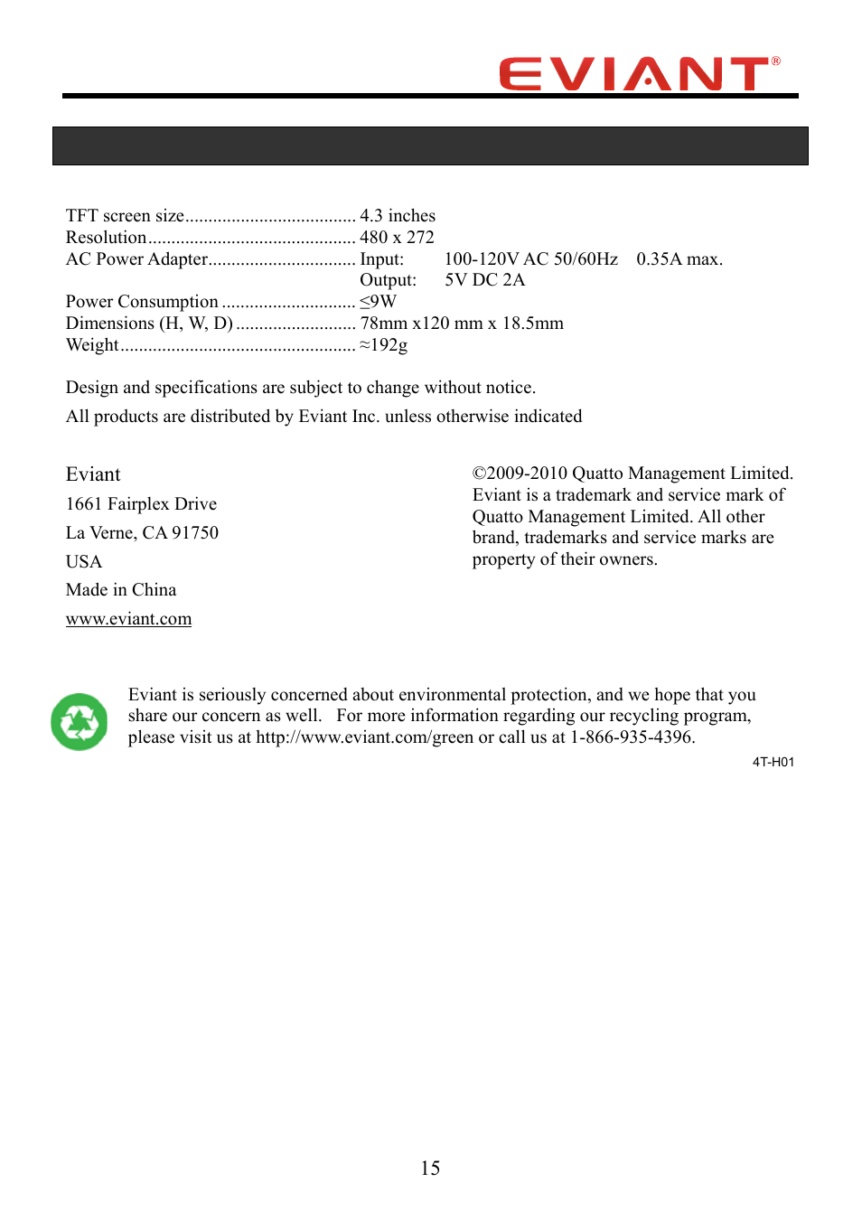Specifications | Eviant T4 Series User Manual | Page 16 / 16