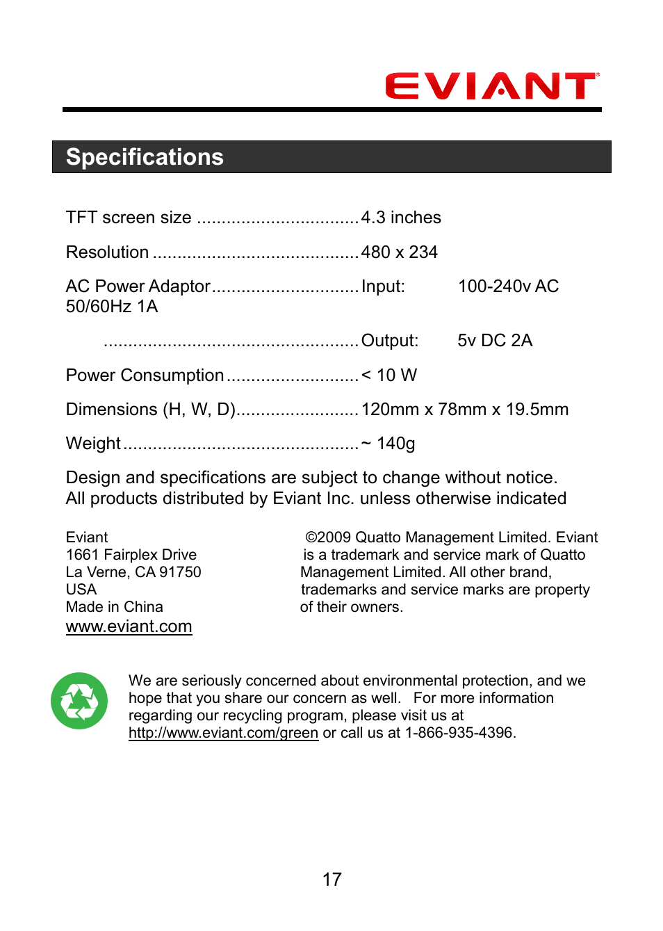 Specifications | Eviant M4 Series User Manual | Page 18 / 18