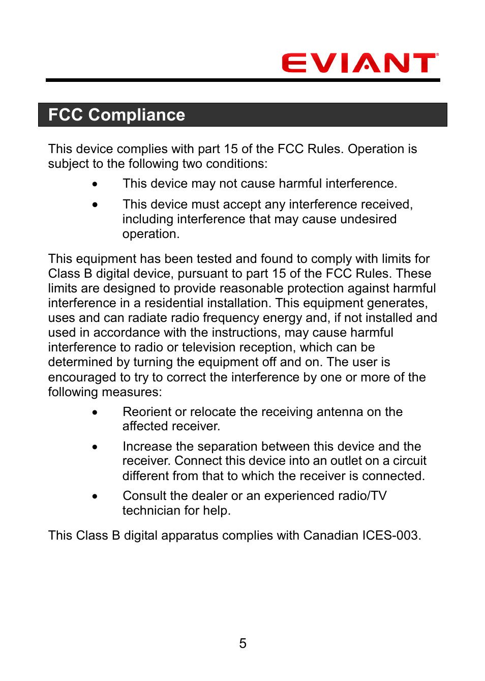 Fcc compliance | Eviant M4 Series User Manual | Page 6 / 18
