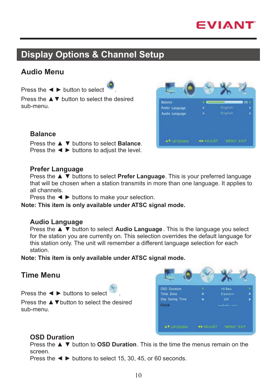 Display options & channel setup, Audio menu, Time menu | Eviant T7 Series User Manual | Page 11 / 17