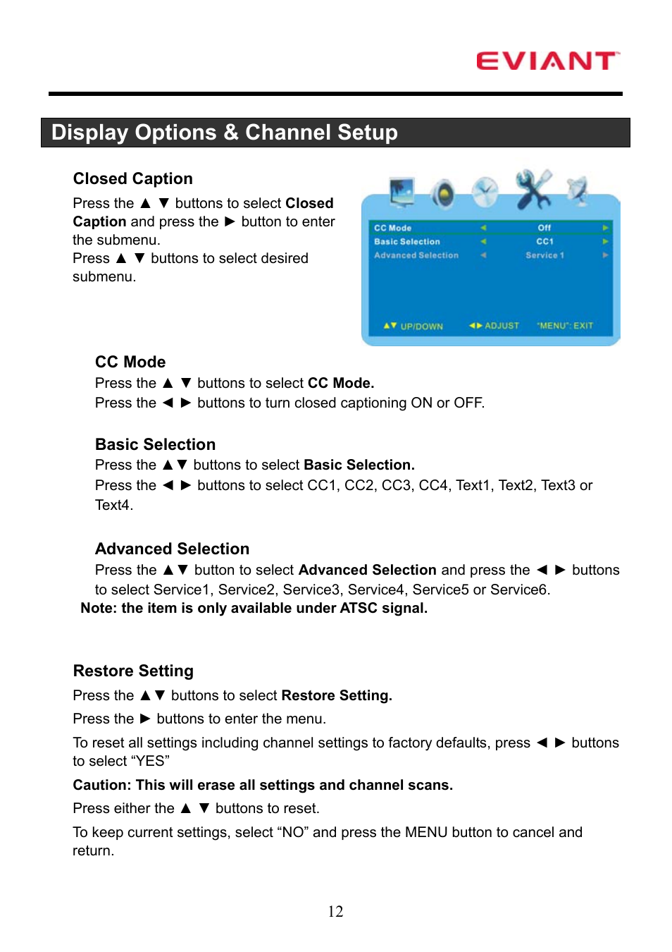 Display options & channel setup | Eviant T7 Series User Manual | Page 13 / 17