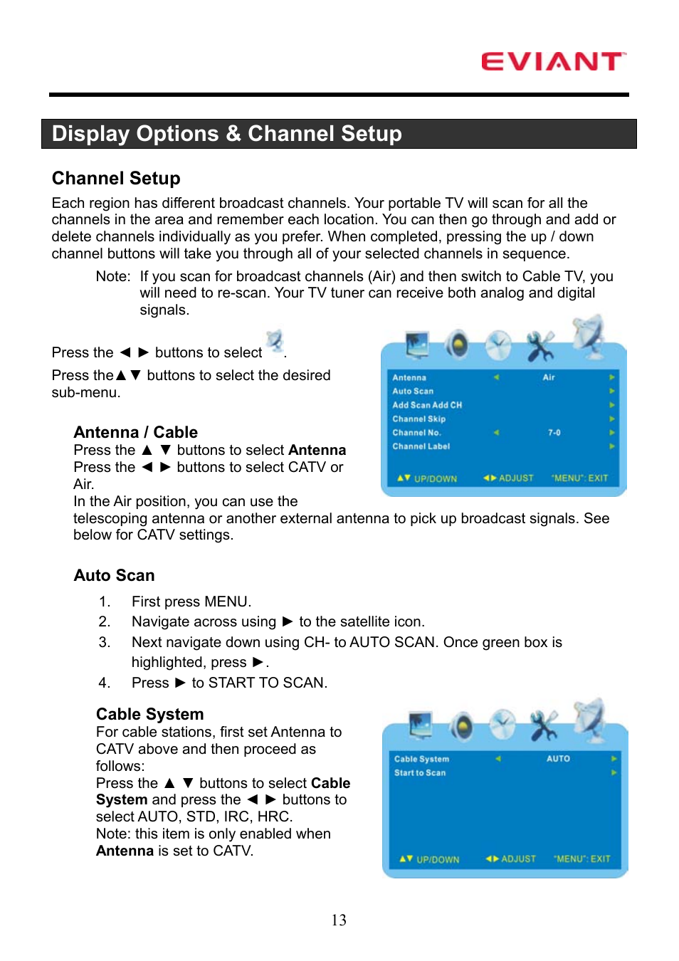 Display options & channel setup, Channel setup | Eviant T7 Series User Manual | Page 14 / 17
