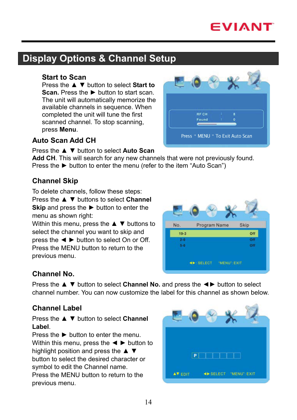 Display options & channel setup | Eviant T7 Series User Manual | Page 15 / 17
