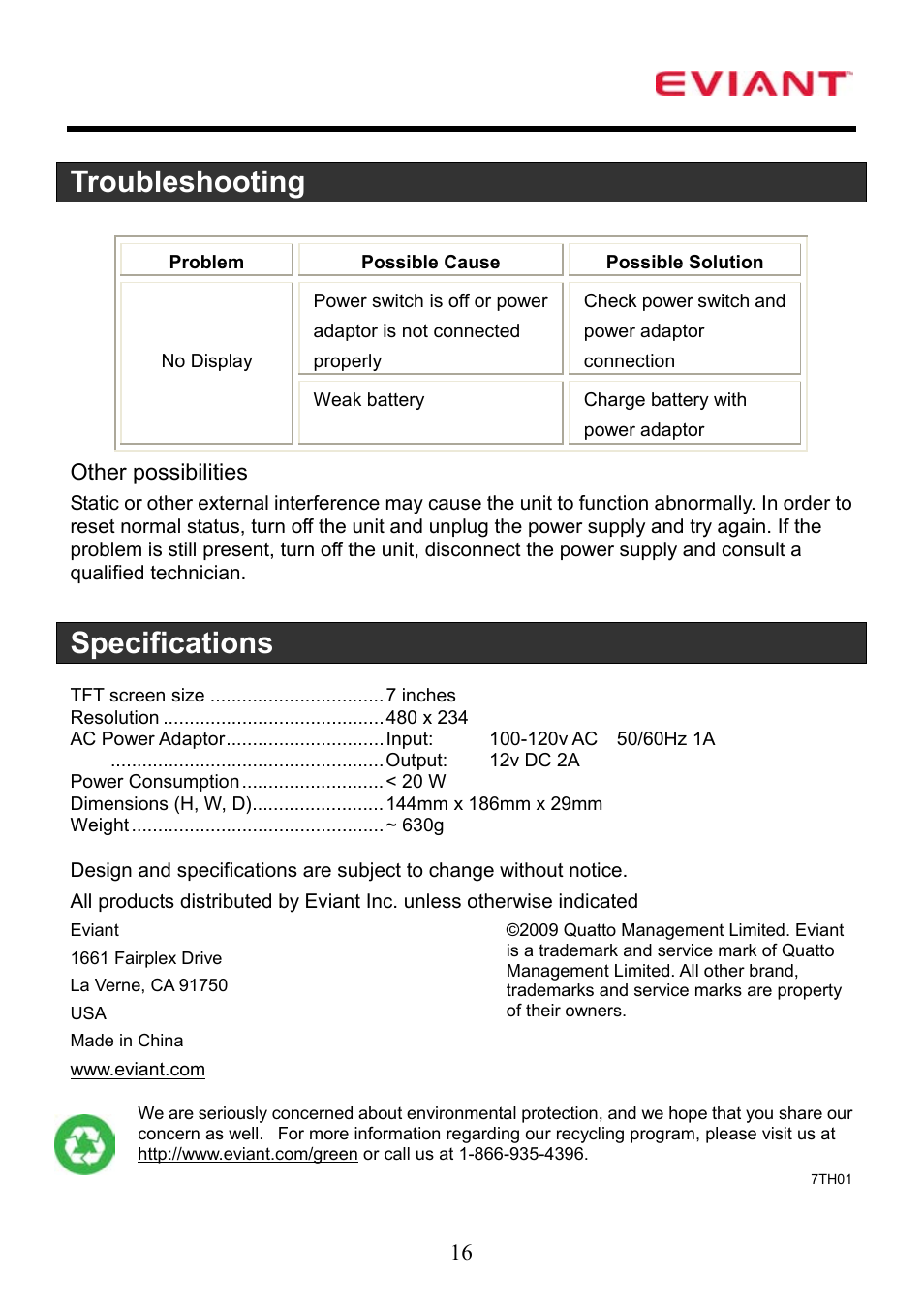 Troubleshooting, Specifications | Eviant T7 Series User Manual | Page 17 / 17