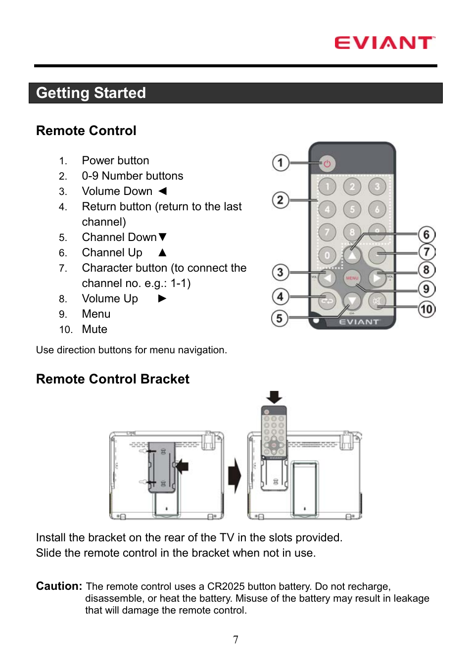 Getting started, Remote control, Remote control bracket | Eviant T7 Series User Manual | Page 8 / 17