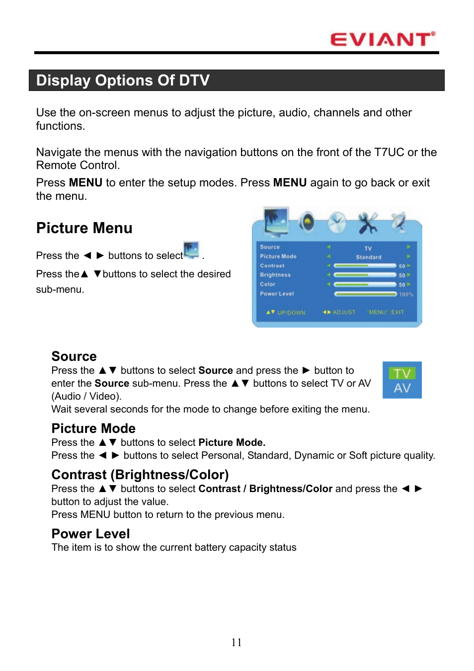 Display options of dtv, Picture menu, Source | Picture mode, Contrast (brightness/color), Power level | Eviant T7UC Series User Manual | Page 12 / 20